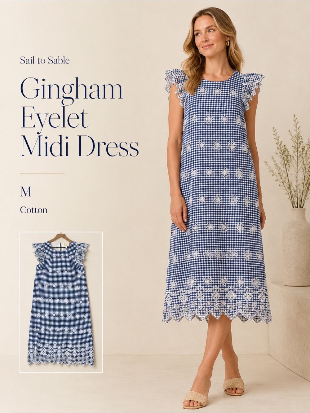 Sail To Sable Gingham Cotton Eyelet Floral Embroidery Flutter Sleeve‎ Midi Dress